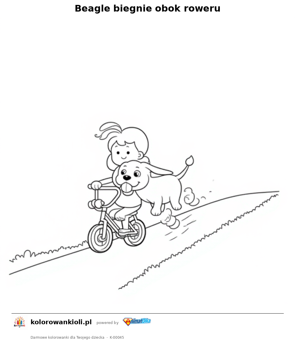 Beagle biegnie obok roweru — kolorowanka do wydruku dla dzieci