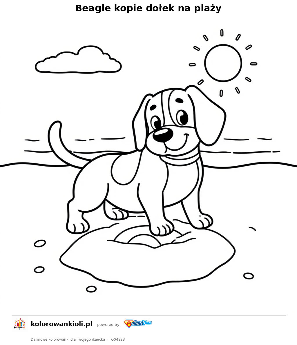 Beagle kopie dołek na plaży — kolorowanka do wydruku dla dzieci