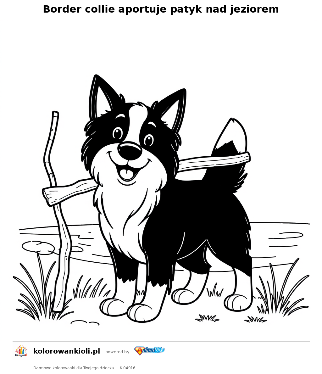 Border collie aportuje patyk nad jeziorem — kolorowanka do wydruku dla dzieci