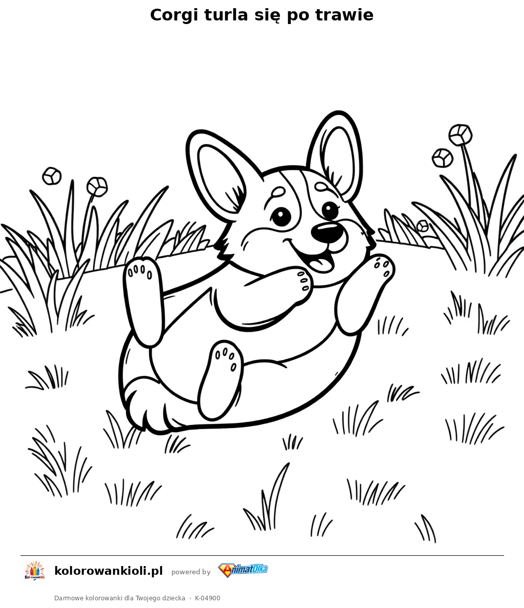 Corgi turla się po trawie — kolorowanka do wydruku dla dzieci
