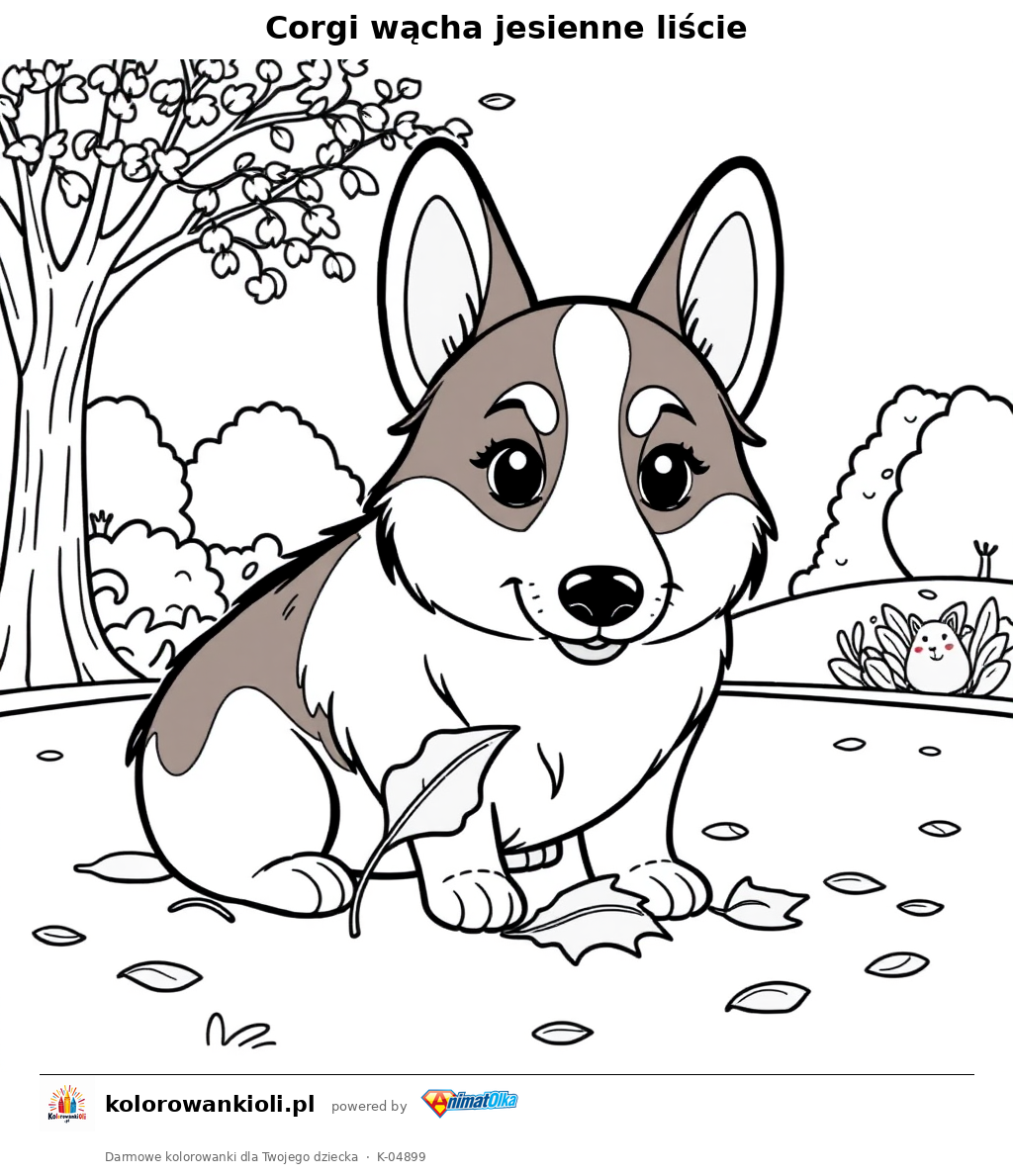 Corgi wącha jesienne liście — kolorowanka do wydruku dla dzieci