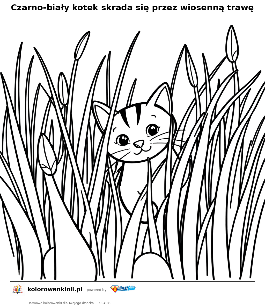 Czarno-biały kotek skrada się przez wiosenną trawę — kolorowanka do wydruku dla dzieci