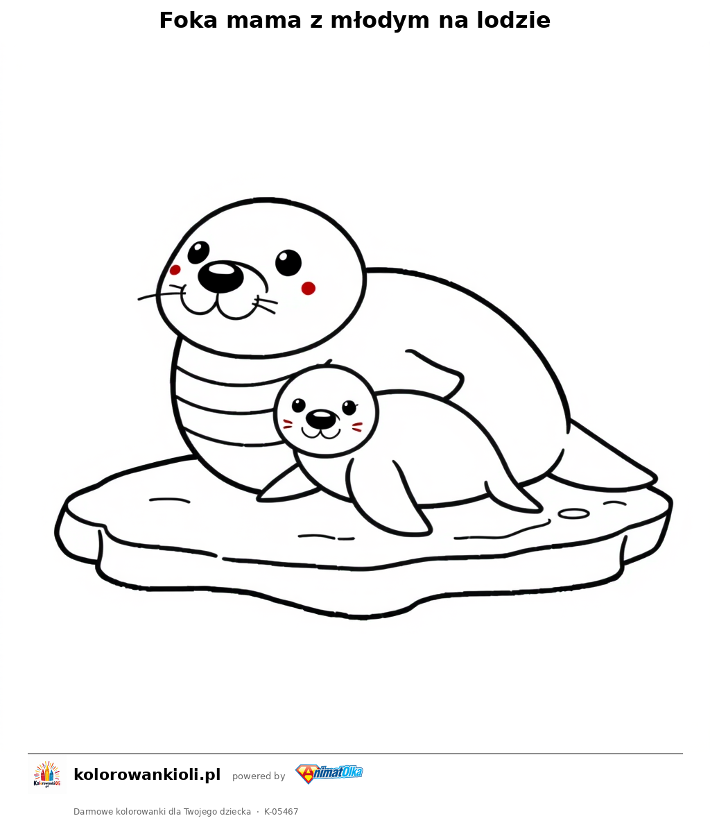 Foka mama z młodym na lodzie — kolorowanka do wydruku dla dzieci