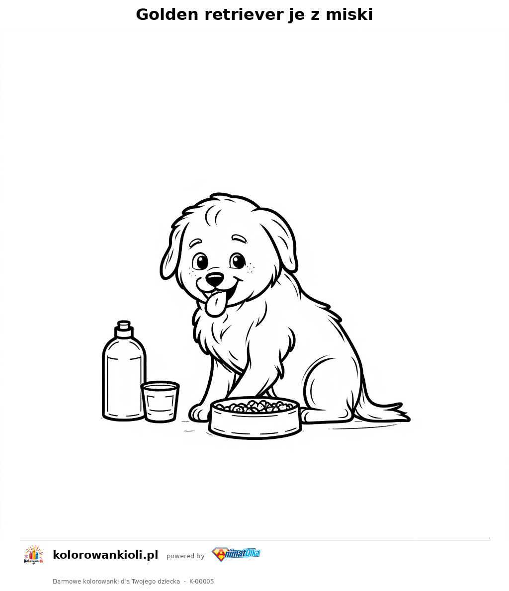 Golden retriever je z miski — kolorowanka do wydruku dla dzieci