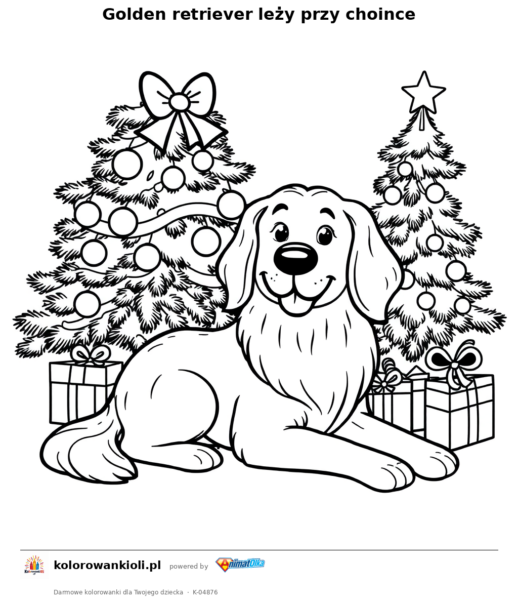 Golden retriever leży przy choince — kolorowanka do wydruku dla dzieci