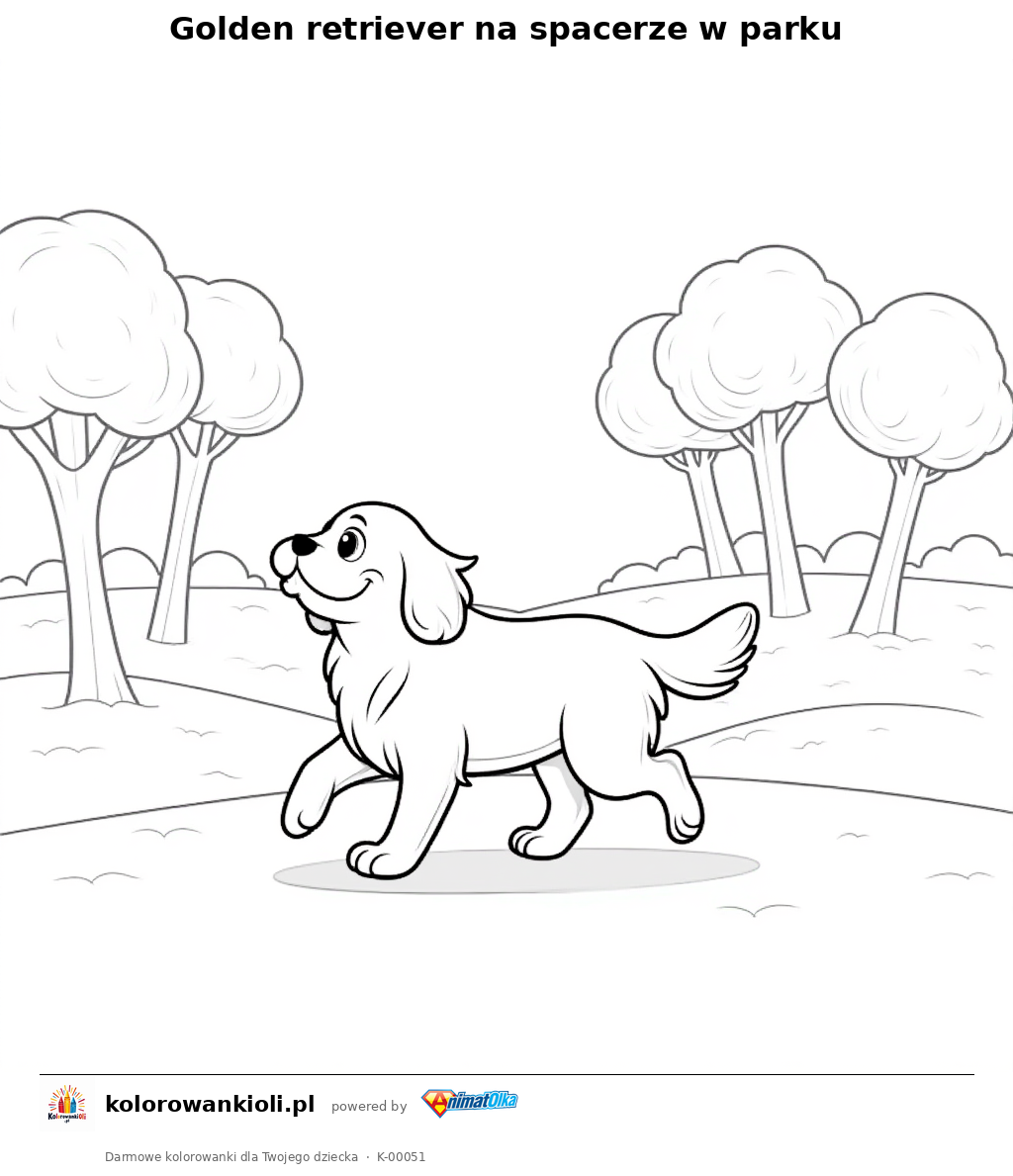 Golden retriever na spacerze w parku — kolorowanka do wydruku dla dzieci