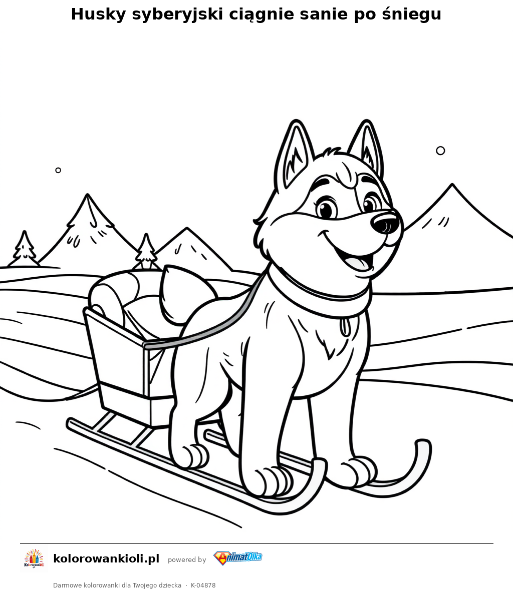 Husky syberyjski ciągnie sanie po śniegu — kolorowanka do wydruku dla dzieci