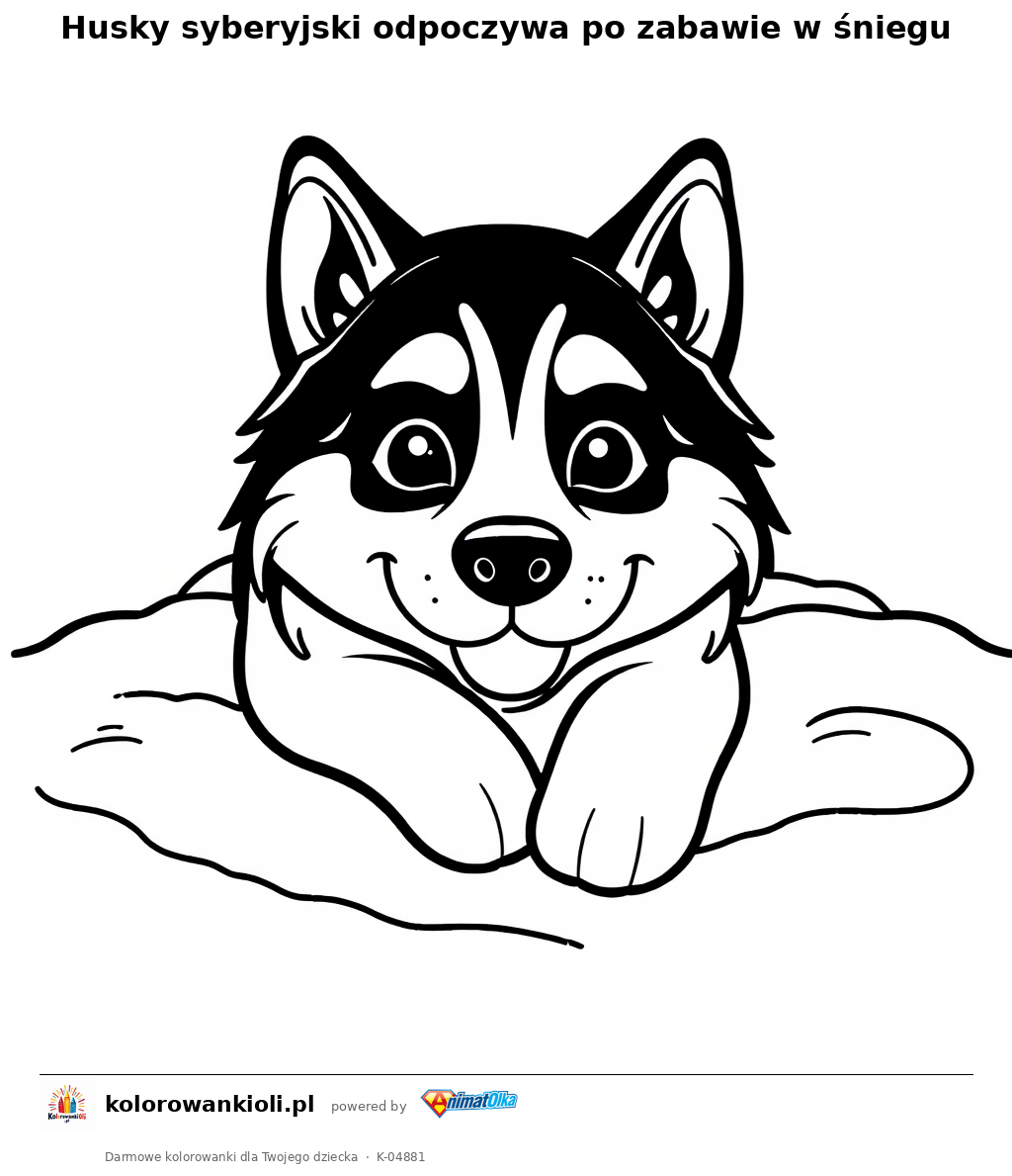 Husky syberyjski odpoczywa po zabawie w śniegu — kolorowanka do wydruku dla dzieci