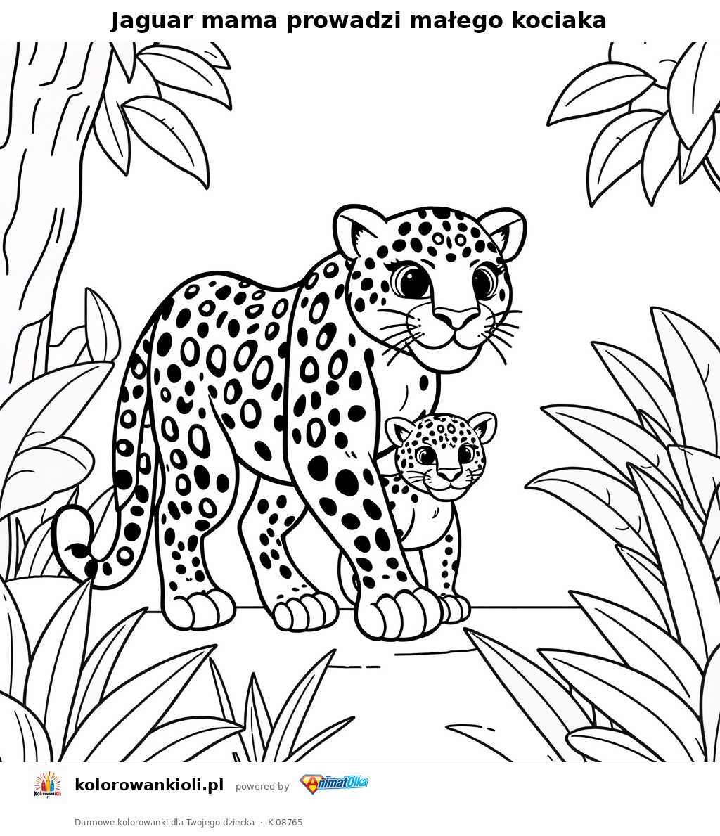 Jaguar mama prowadzi małego kociaka — kolorowanka do wydruku dla dzieci