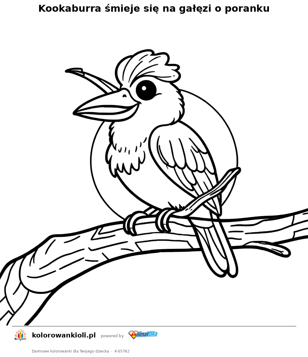 Kookaburra śmieje się na gałęzi o poranku — kolorowanka do wydruku dla dzieci