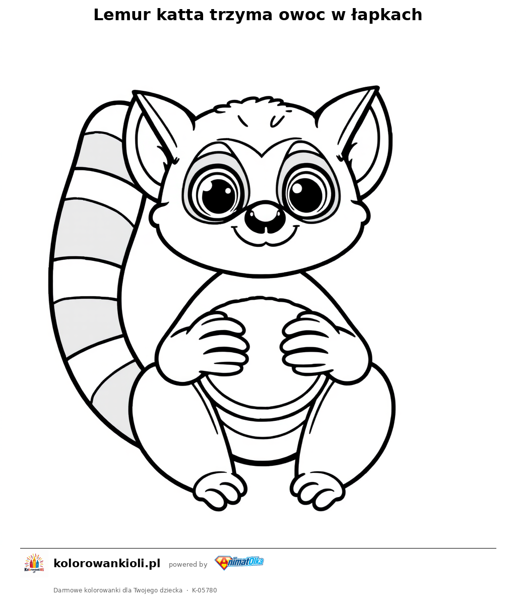 Lemur katta trzyma owoc w łapkach — kolorowanka do wydruku dla dzieci