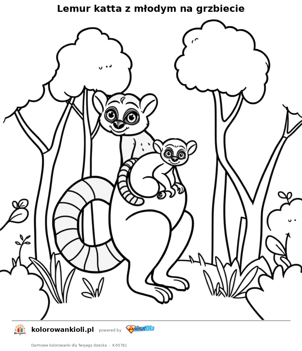 Lemur katta z młodym na grzbiecie — kolorowanka do wydruku dla dzieci