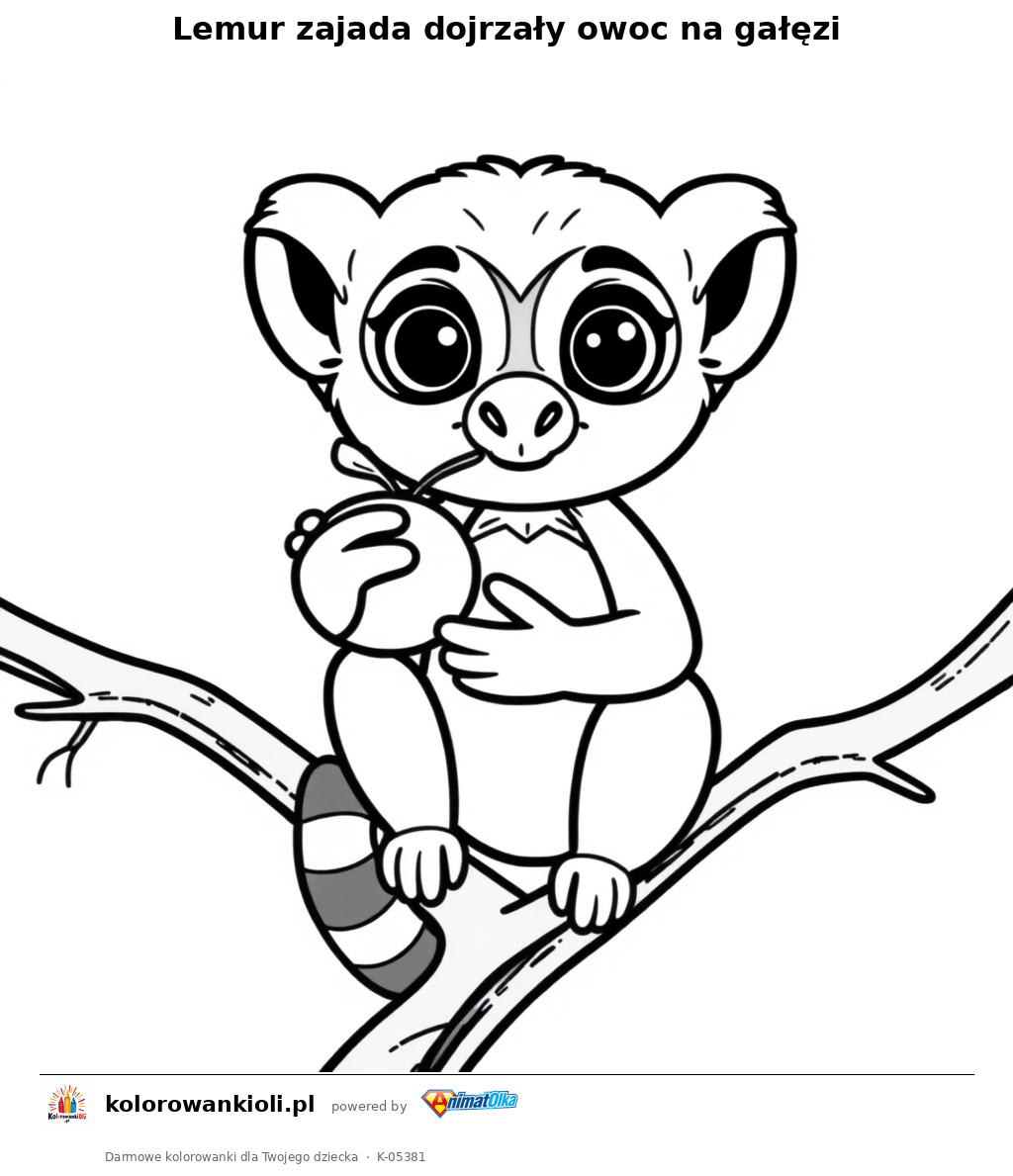 Lemur zajada dojrzały owoc na gałęzi — kolorowanka do wydruku dla dzieci