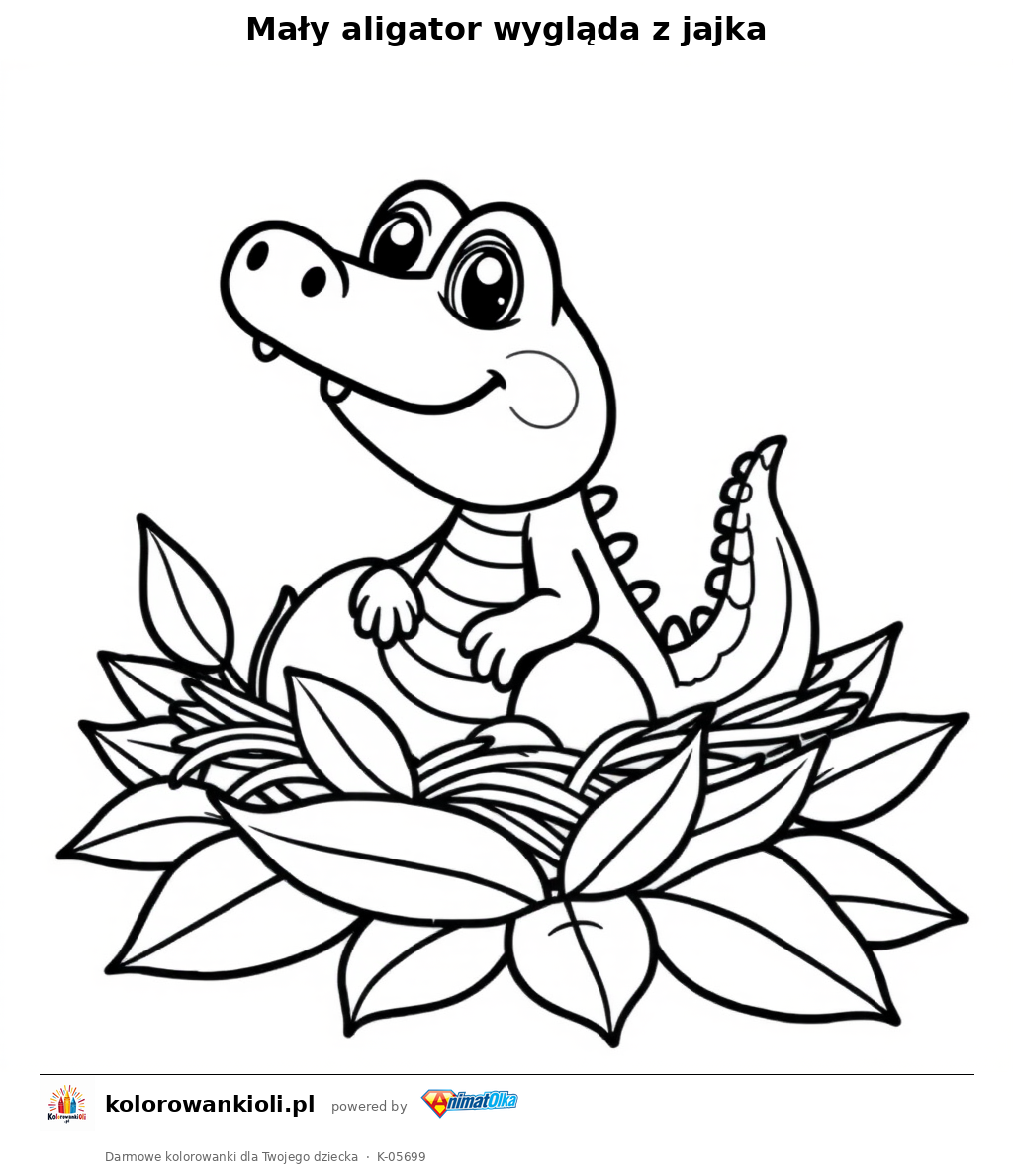 Mały aligator wygląda z jajka — kolorowanka do wydruku dla dzieci