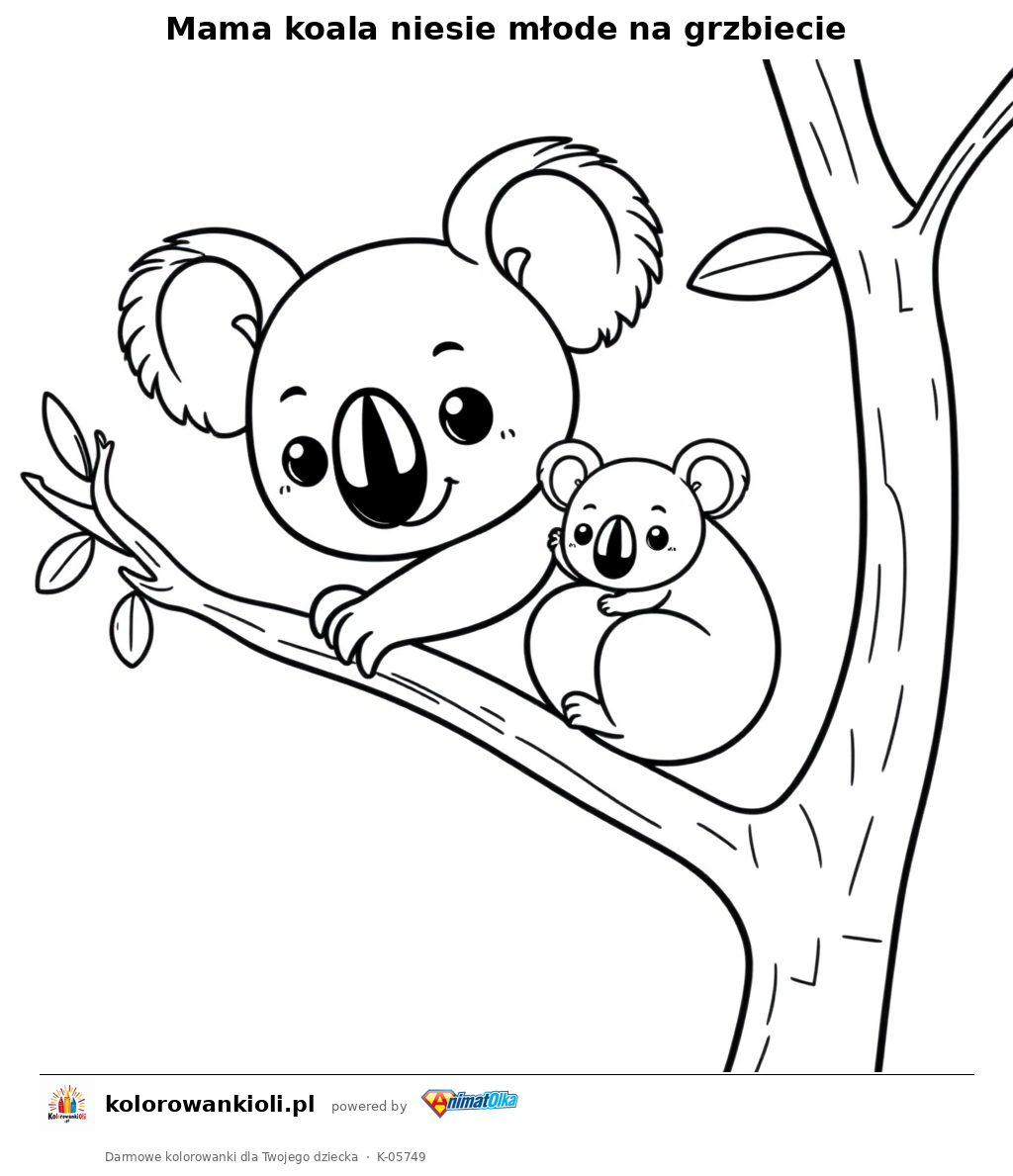 Mama koala niesie młode na grzbiecie — kolorowanka do wydruku dla dzieci