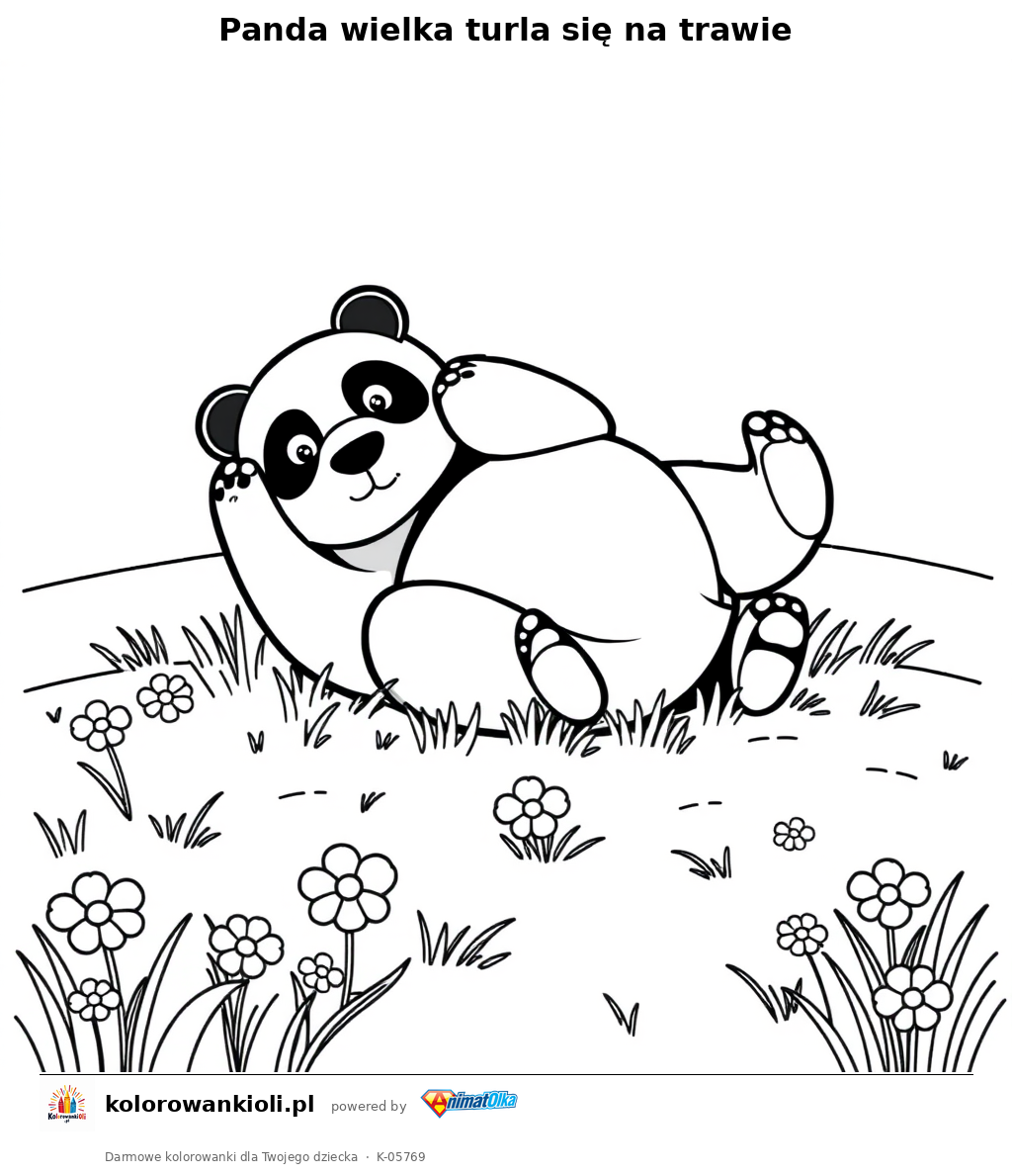 Panda wielka turla się na trawie — kolorowanka do wydruku dla dzieci