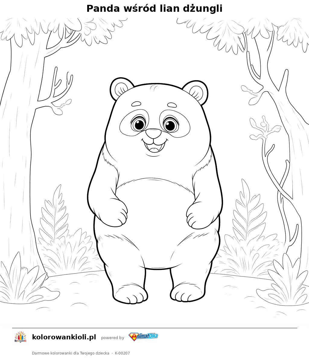 Panda wśród lian dżungli — kolorowanka do wydruku dla dzieci