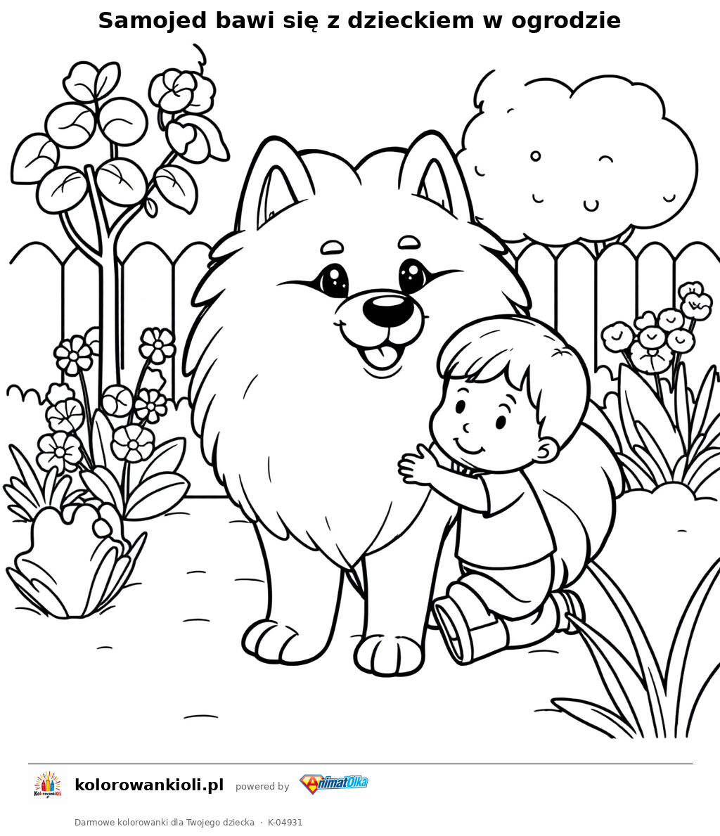 Samojed bawi się z dzieckiem w ogrodzie — kolorowanka do wydruku dla dzieci
