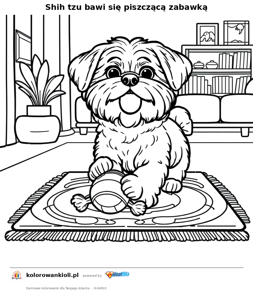 Shih tzu bawi się piszczącą zabawką — kolorowanka do wydruku dla dzieci