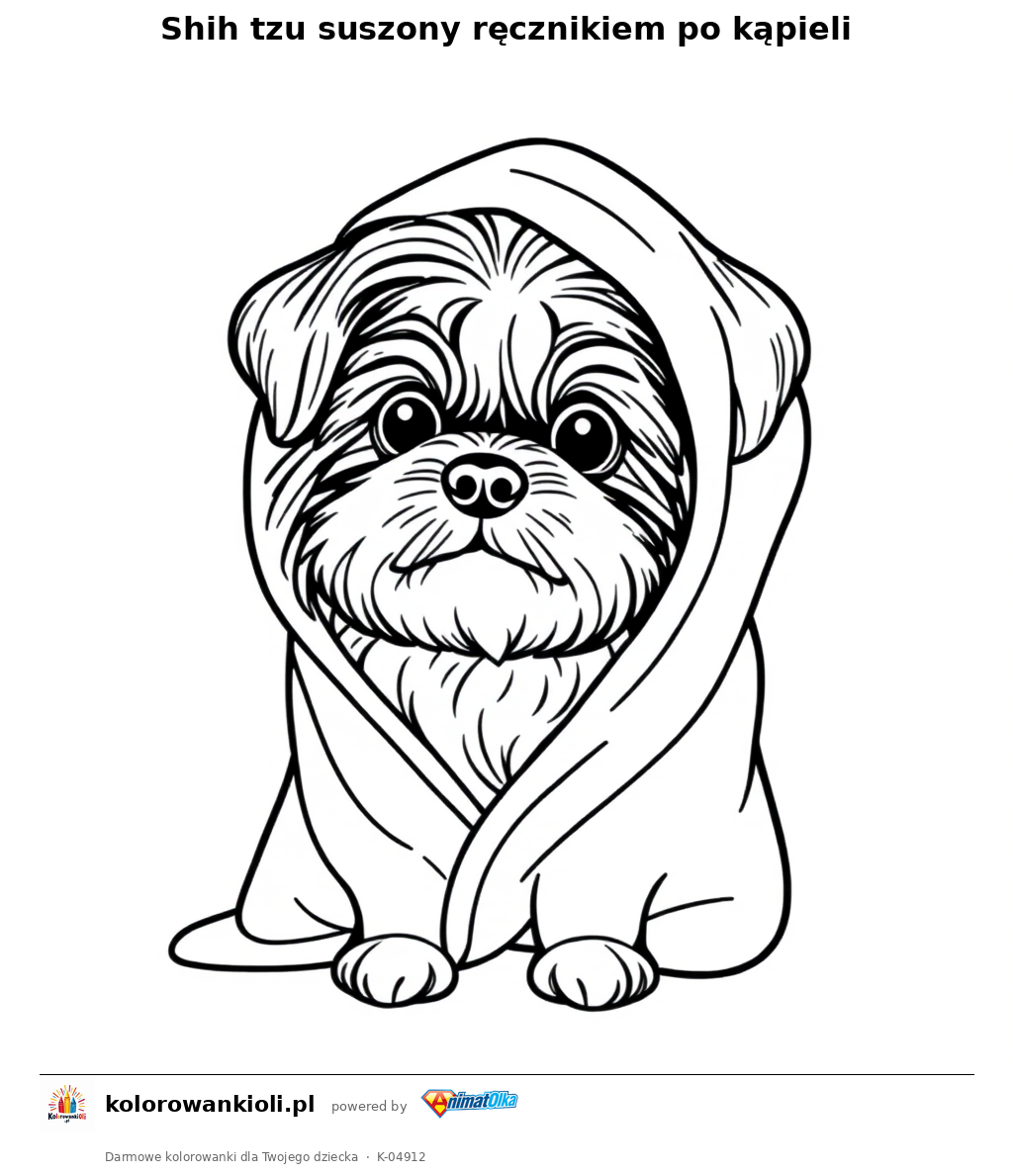 Shih tzu suszony ręcznikiem po kąpieli — kolorowanka do wydruku dla dzieci