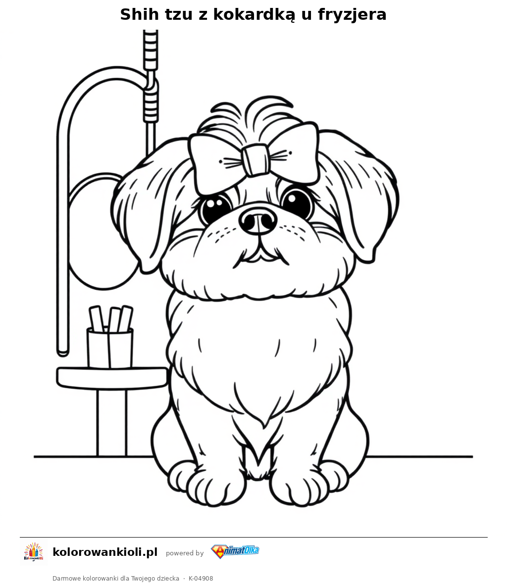 Shih tzu z kokardką u fryzjera — kolorowanka do wydruku dla dzieci