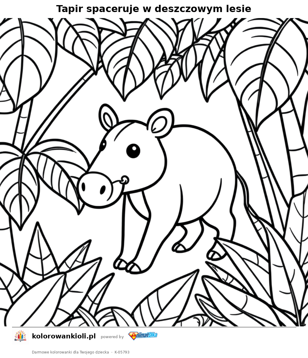 Tapir spaceruje w deszczowym lesie — kolorowanka do wydruku dla dzieci