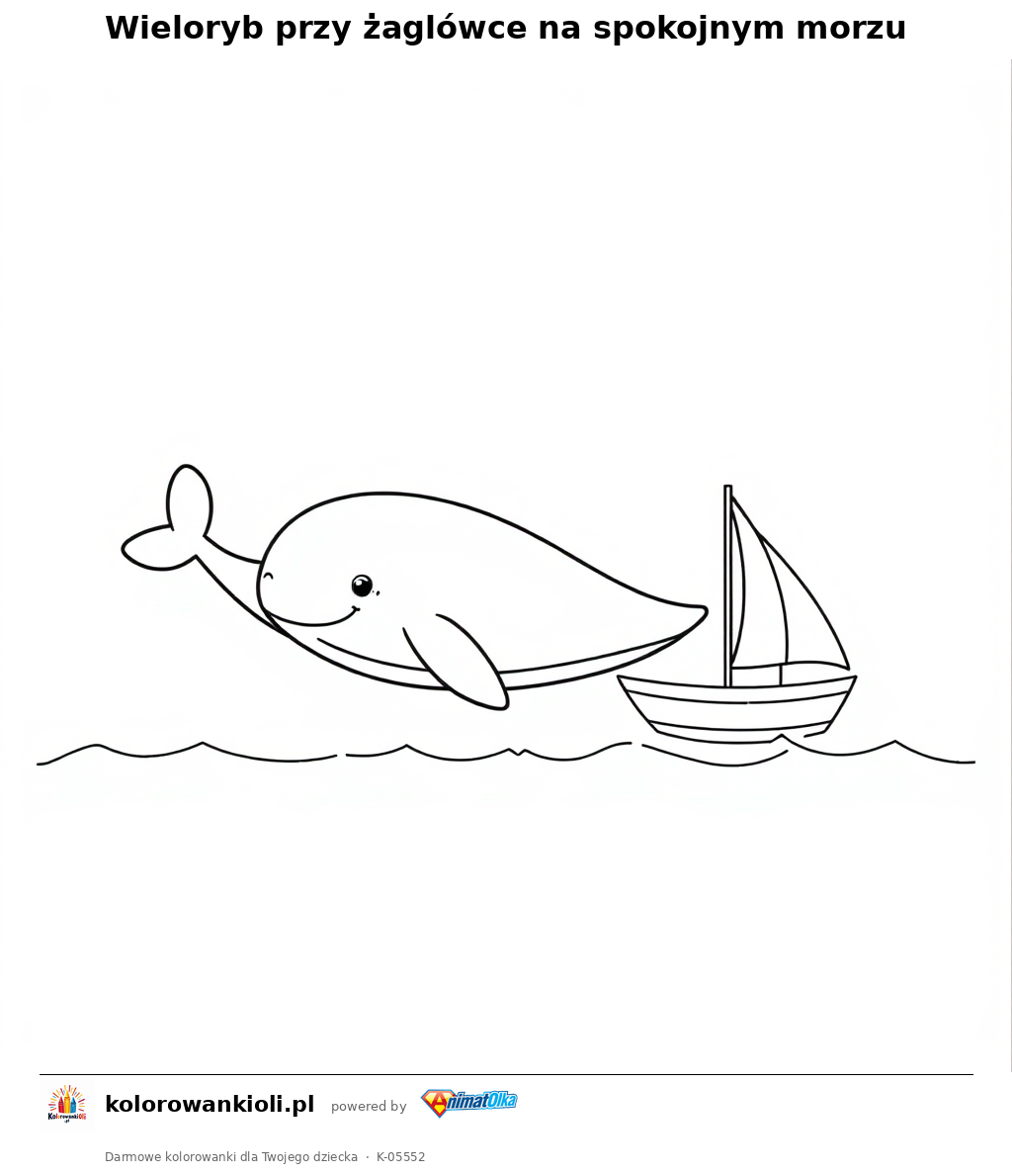 Wieloryb przy żaglówce na spokojnym morzu — kolorowanka do wydruku dla dzieci