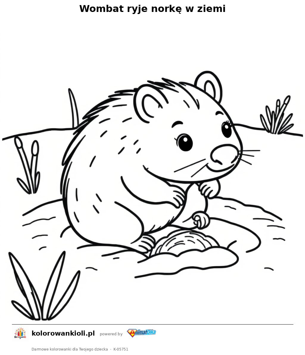 Wombat ryje norkę w ziemi — kolorowanka do wydruku dla dzieci