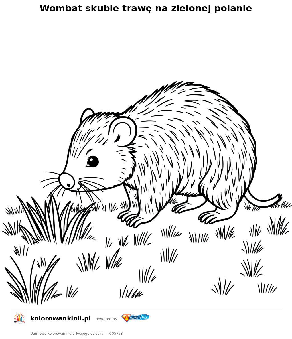 Wombat skubie trawę na zielonej polanie — kolorowanka do wydruku dla dzieci
