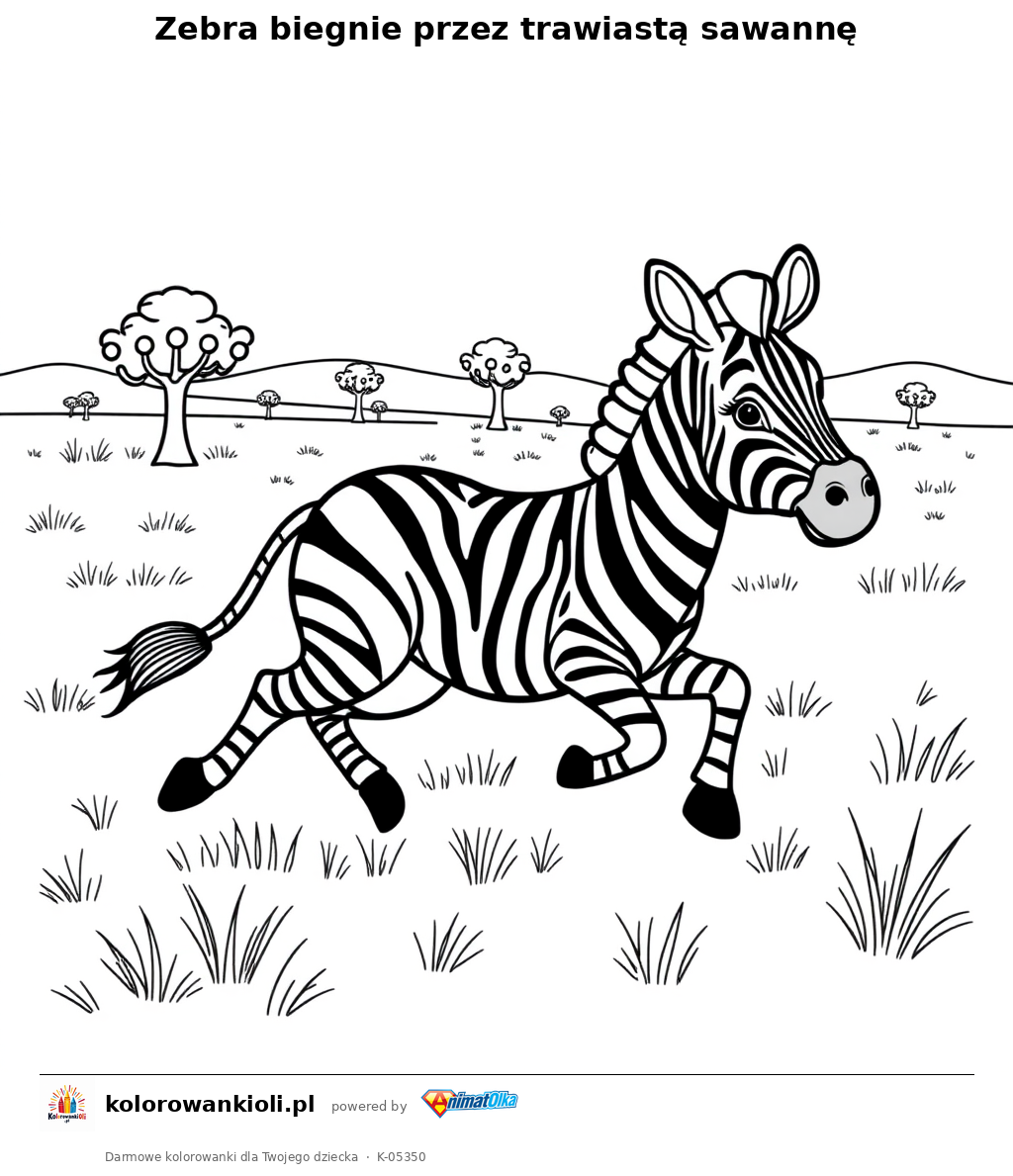 Zebra biegnie przez trawiastą sawannę — kolorowanka do wydruku dla dzieci