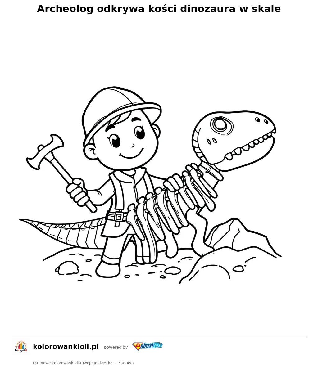 Archeolog odkrywa kości dinozaura w skale — kolorowanka do wydruku dla dzieci
