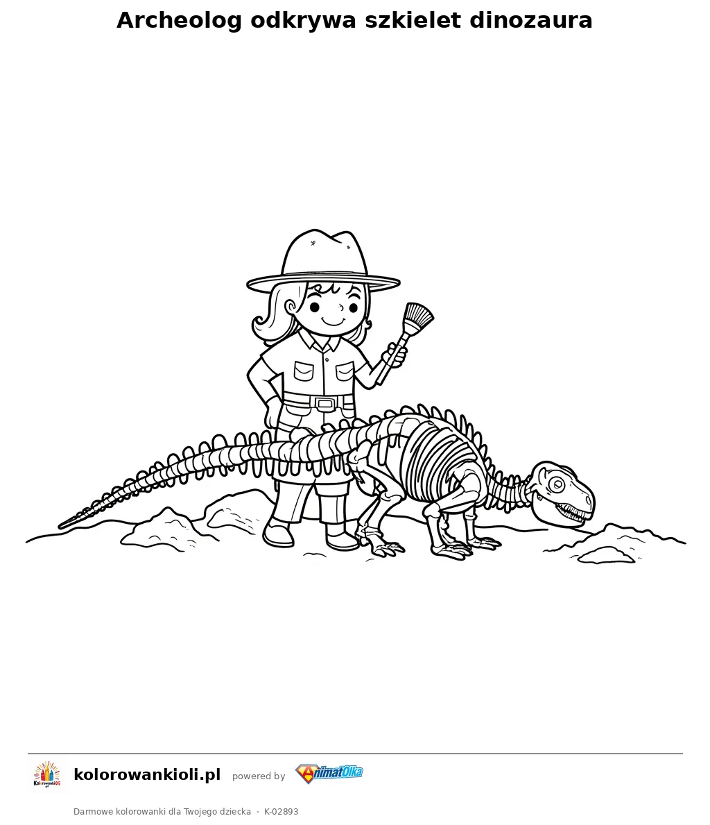 Archeolog odkrywa szkielet dinozaura — kolorowanka do wydruku dla dzieci