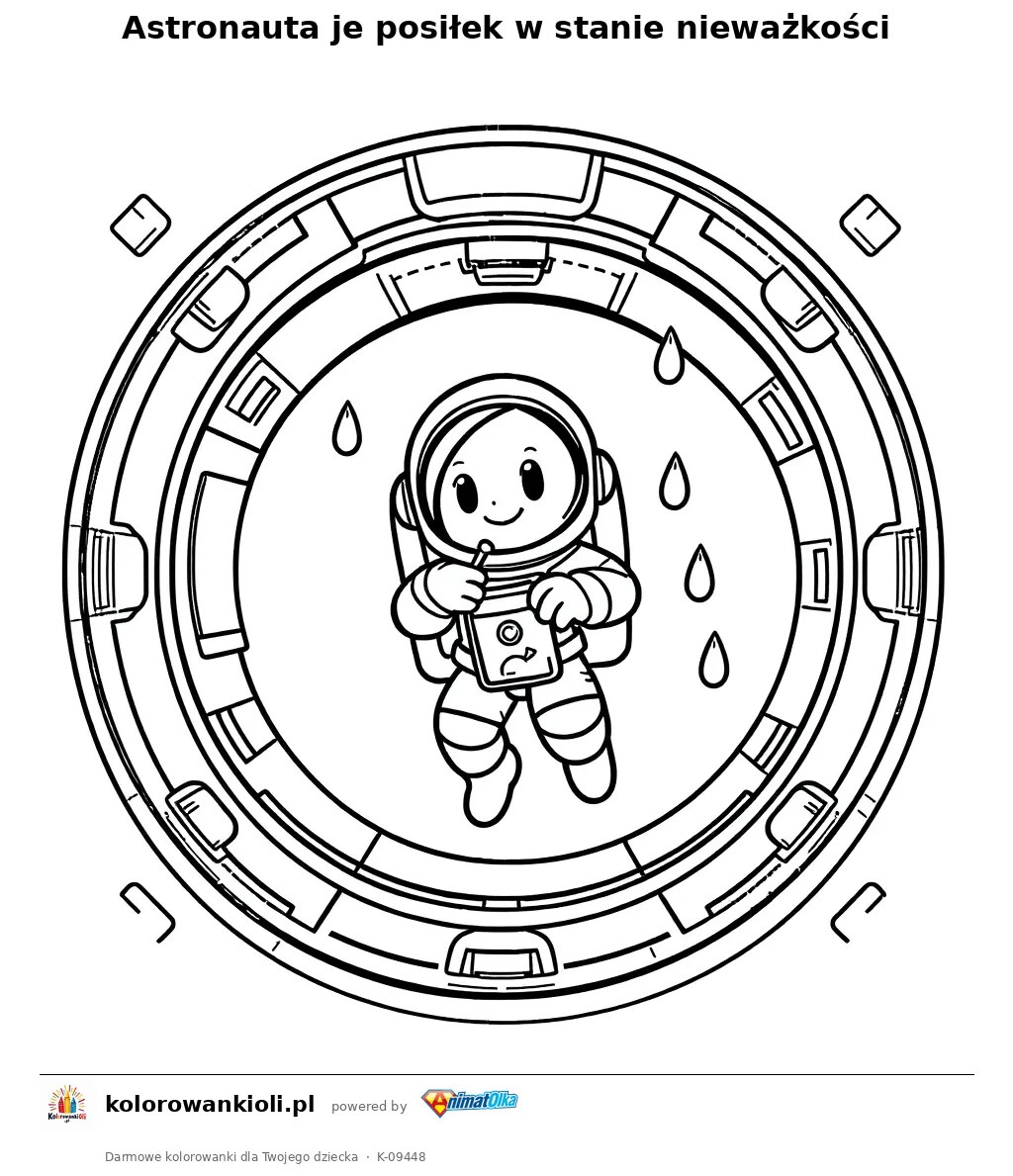 Astronauta je posiłek w stanie nieważkości — kolorowanka do wydruku dla dzieci