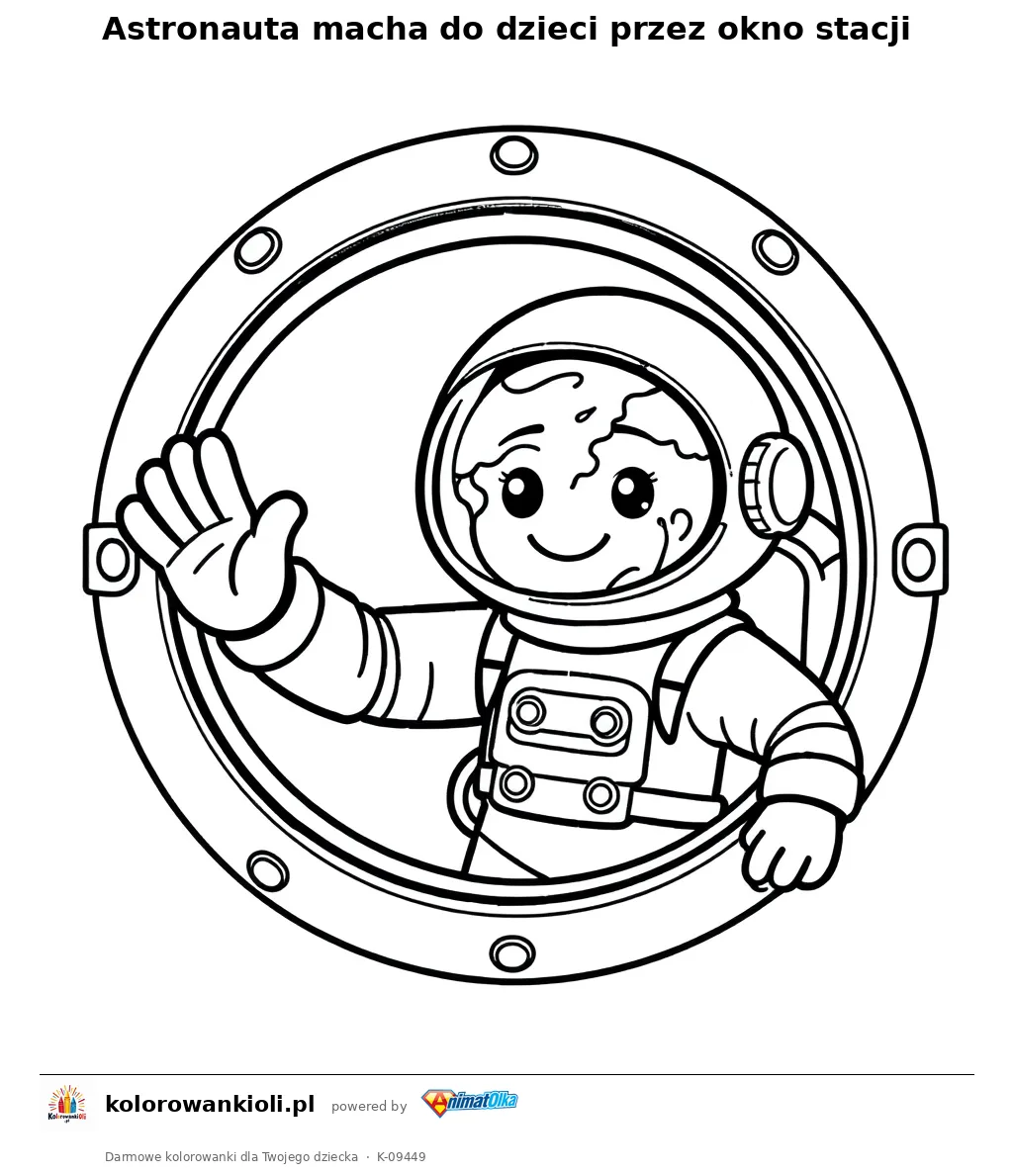 Astronauta macha do dzieci przez okno stacji — kolorowanka do wydruku dla dzieci