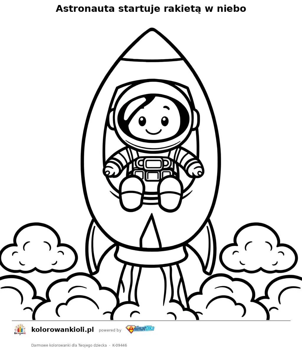Astronauta startuje rakietą w niebo — kolorowanka do wydruku dla dzieci