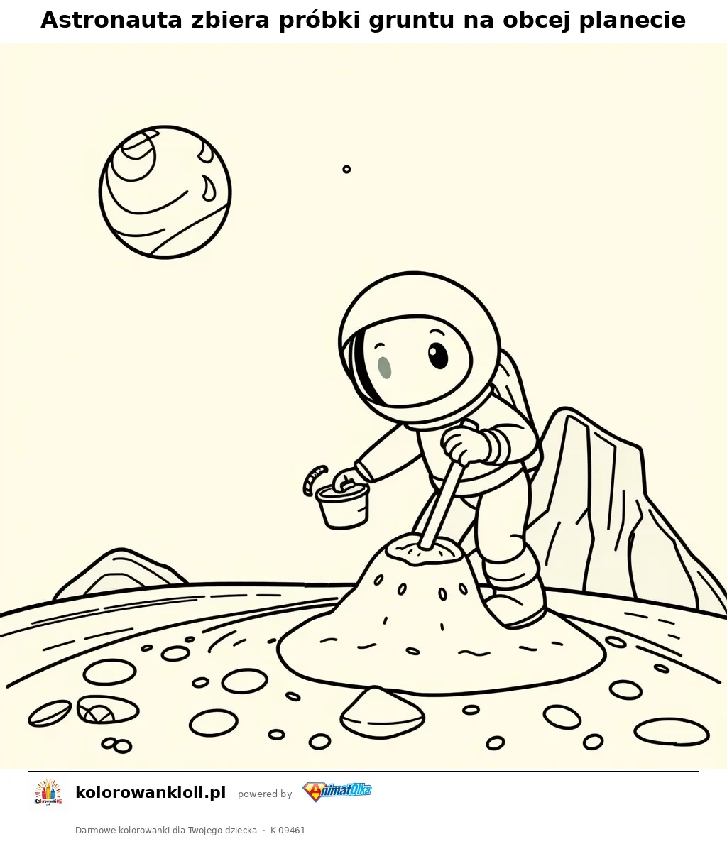 Astronauta zbiera próbki gruntu na obcej planecie — kolorowanka do wydruku dla dzieci