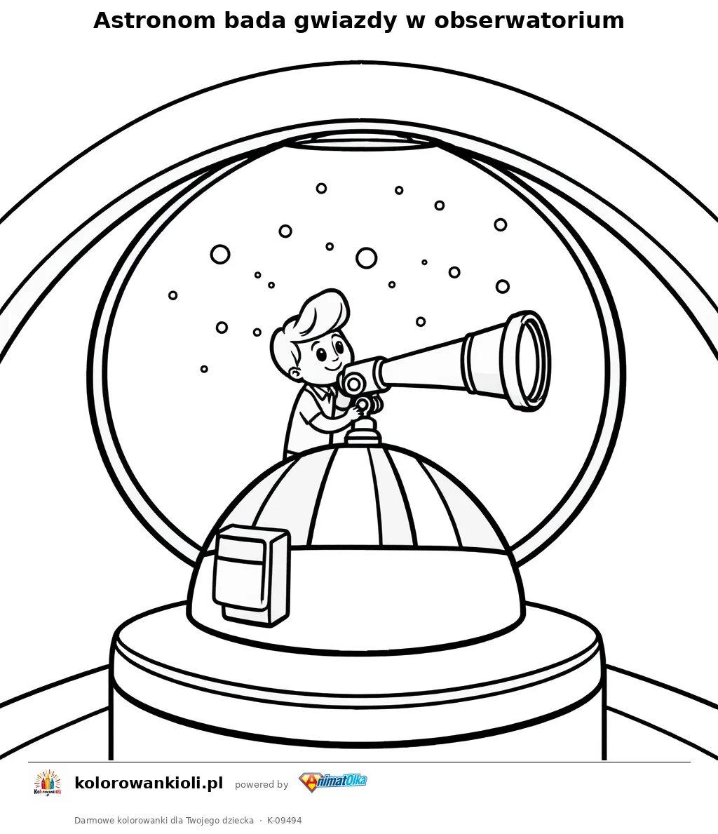 Astronom bada gwiazdy w obserwatorium — kolorowanka do wydruku dla dzieci