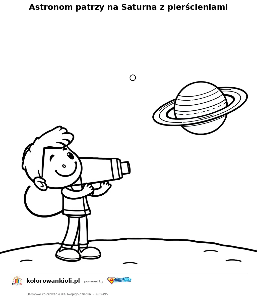Astronom patrzy na Saturna z pierścieniami — kolorowanka do wydruku dla dzieci