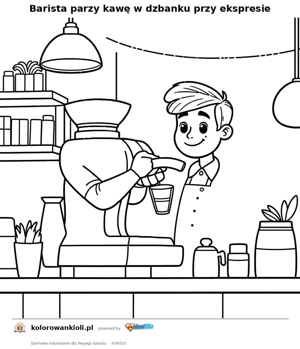 Barista parzy kawe w dzbanku przy ekspresie — kolorowanka do wydruku dla dzieci