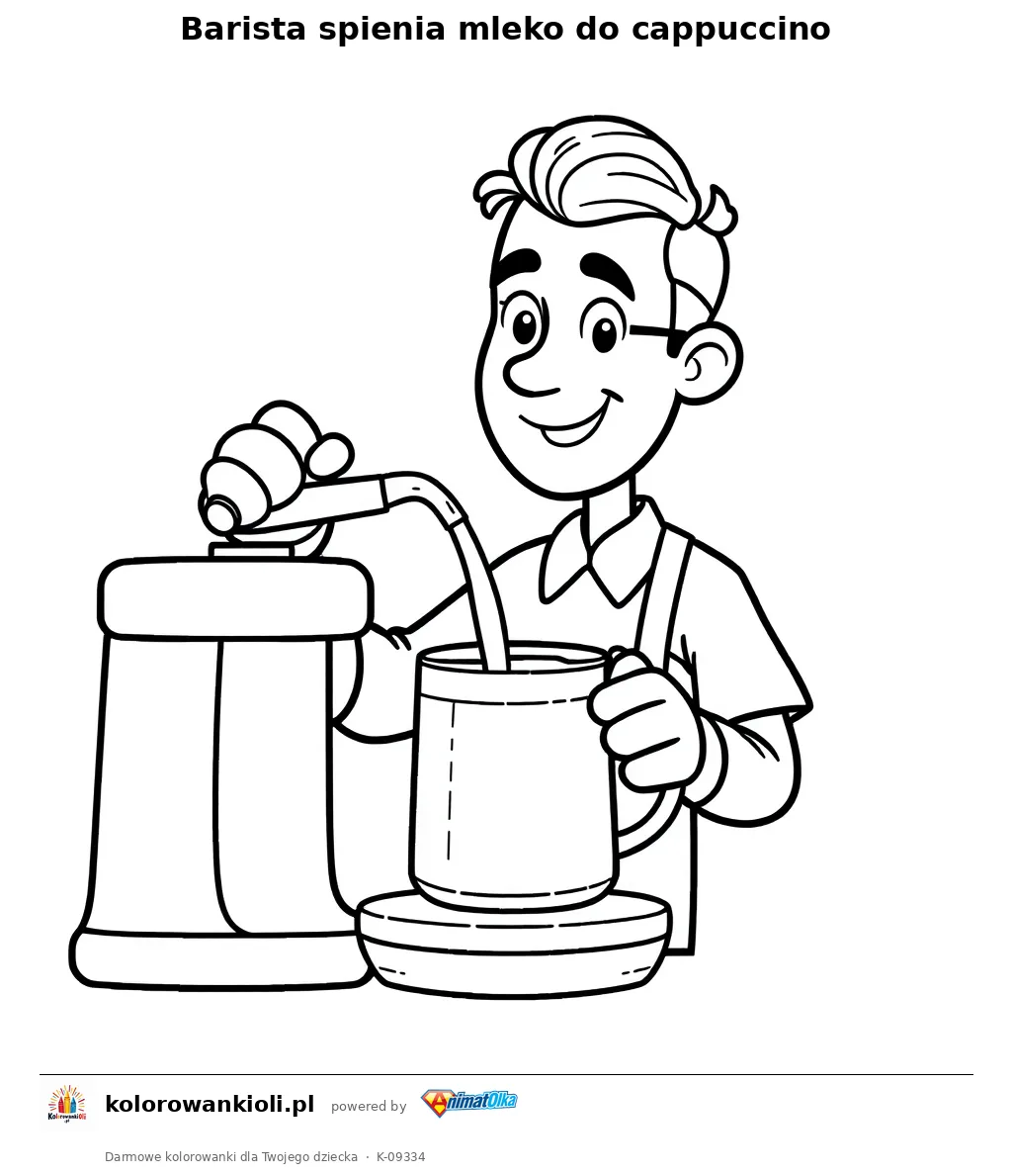 Barista spienia mleko do cappuccino — kolorowanka do wydruku dla dzieci