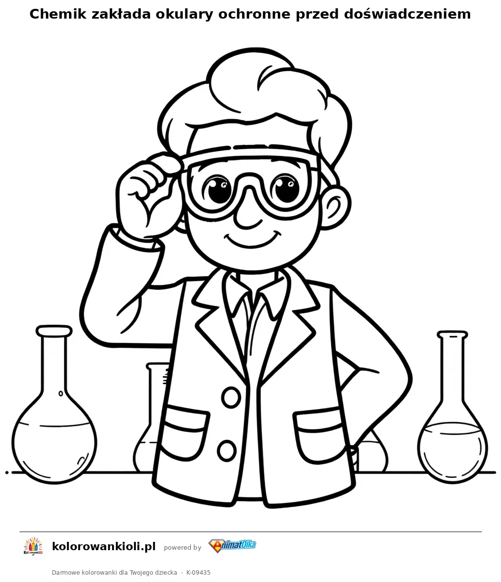 Chemik zakłada okulary ochronne przed doświadczeniem — kolorowanka do wydruku dla dzieci