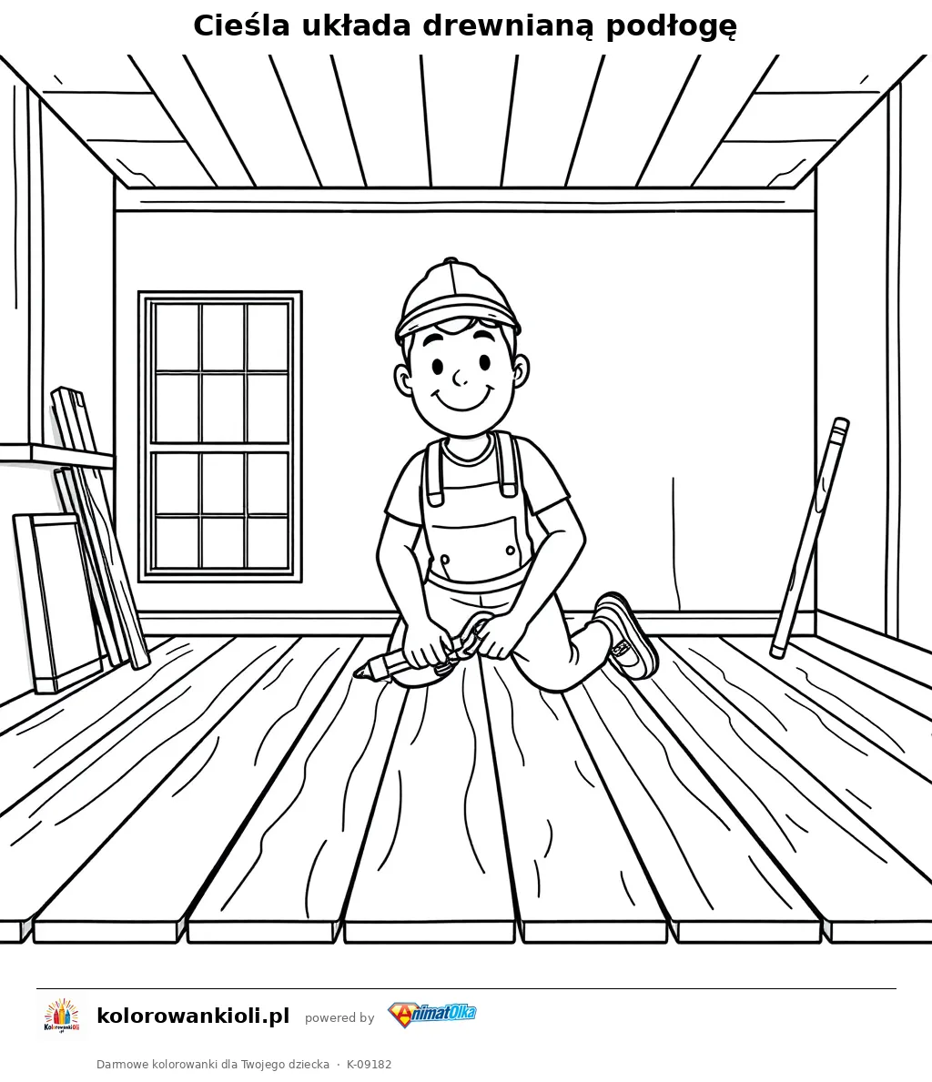 Cieśla układa drewnianą podłogę — kolorowanka do wydruku dla dzieci