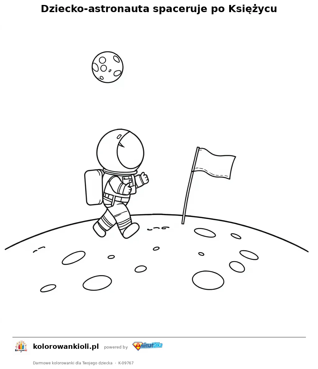 Dziecko-astronauta spaceruje po Ksiezycu — kolorowanka do wydruku dla dzieci