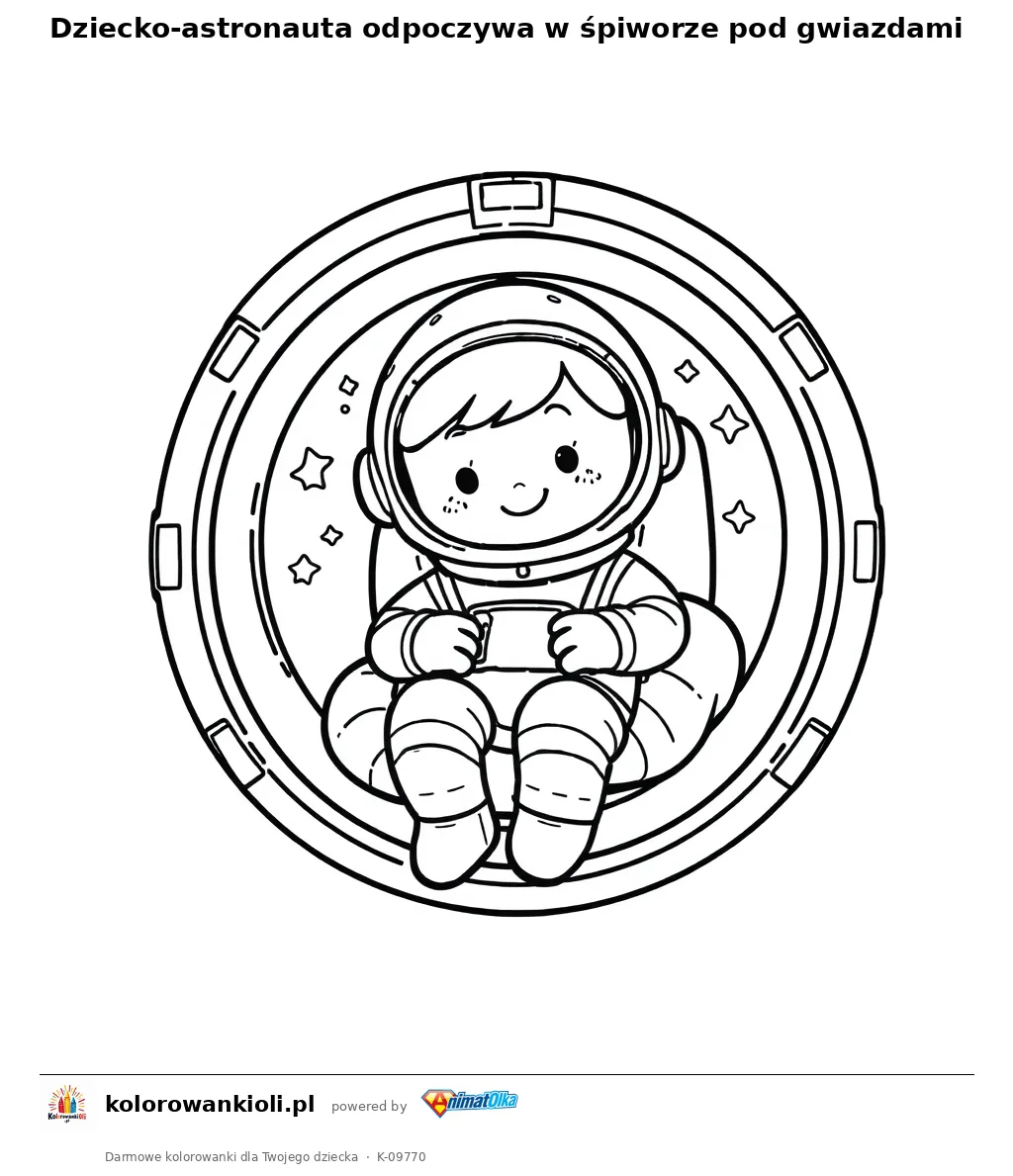Dziecko-astronauta odpoczywa w spiworze pod gwiazdami — kolorowanka do wydruku dla dzieci