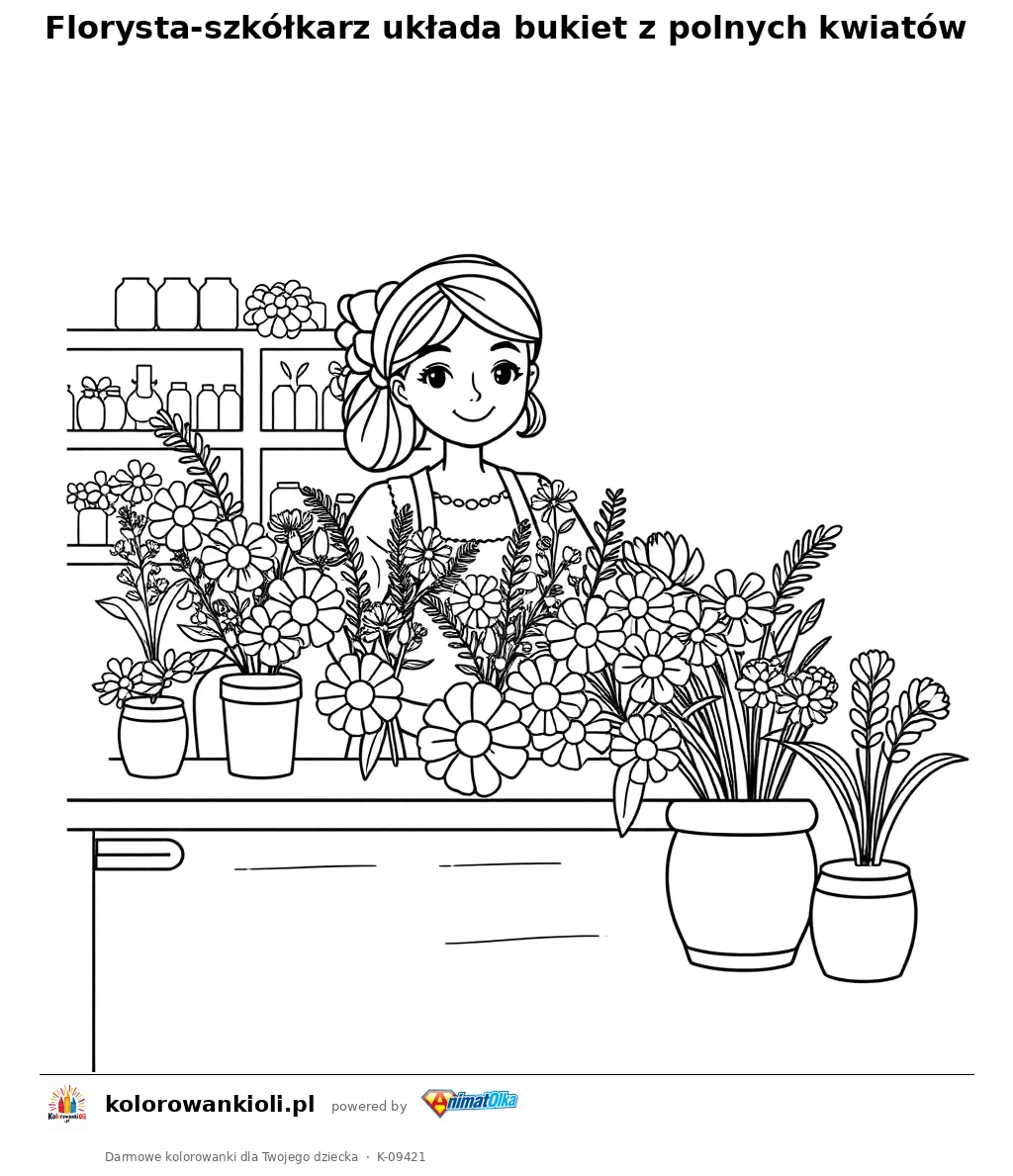 Florysta-szkółkarz układa bukiet z polnych kwiatów — kolorowanka do wydruku dla dzieci