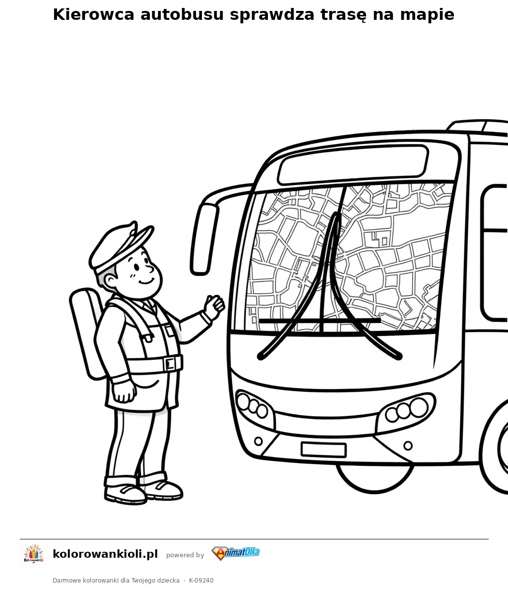 Kierowca autobusu sprawdza trasę na mapie — kolorowanka do wydruku dla dzieci