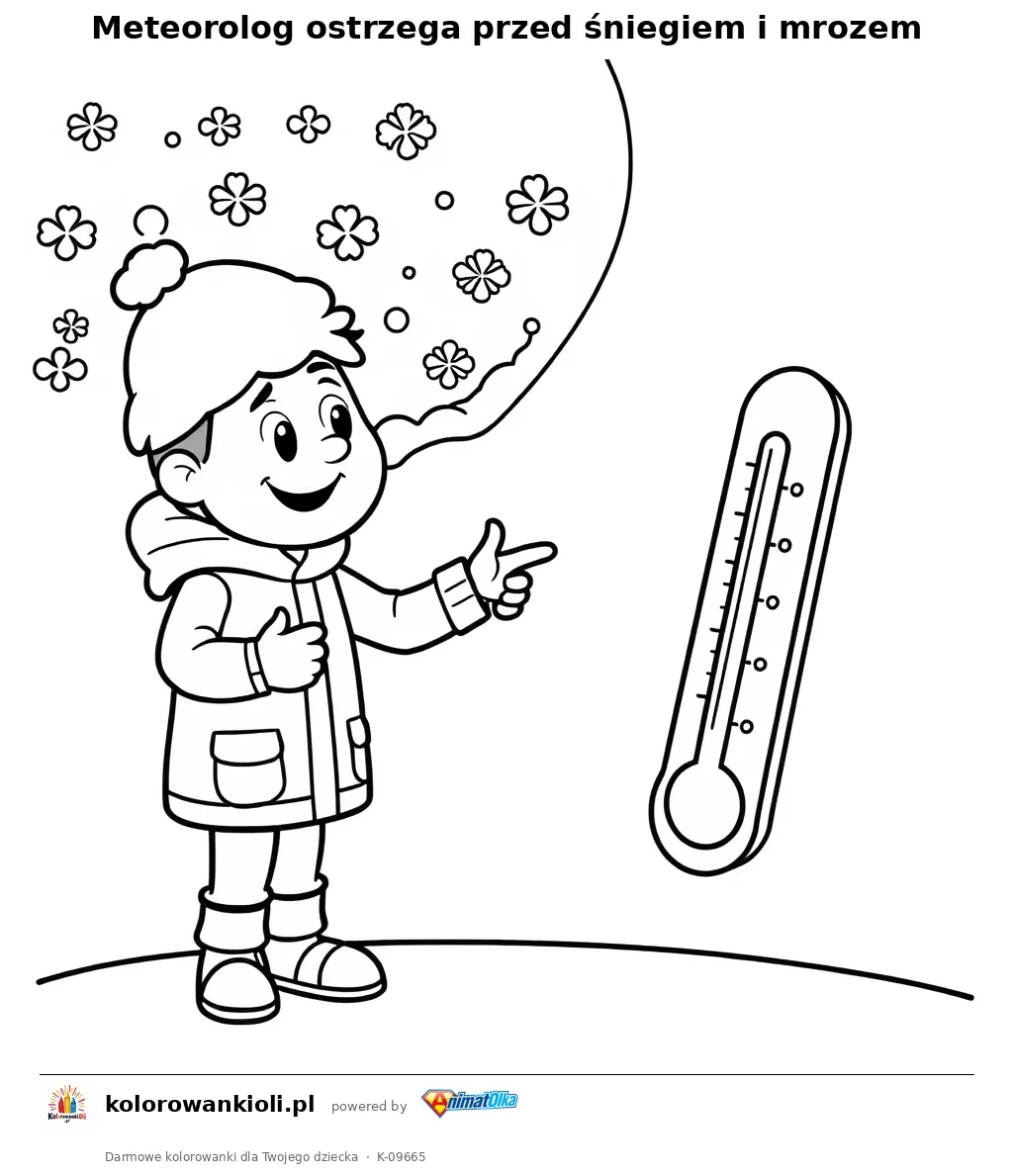 Meteorolog ostrzega przed śniegiem i mrozem — kolorowanka do wydruku dla dzieci