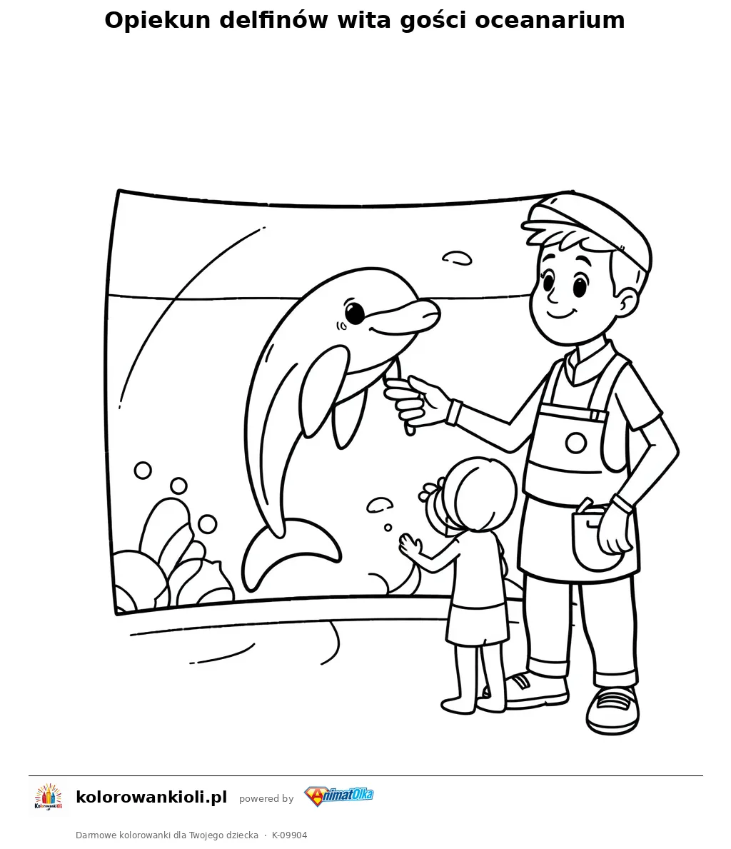 Opiekun delfinów wita gości oceanarium — kolorowanka do wydruku dla dzieci