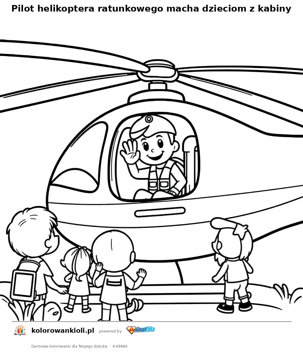 Pilot helikoptera ratunkowego macha dzieciom z kabiny — kolorowanka do wydruku dla dzieci