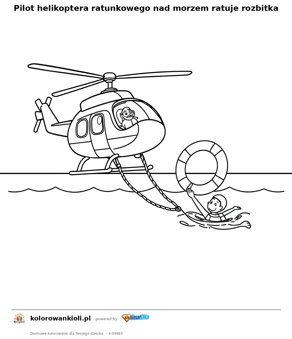 Pilot helikoptera ratunkowego nad morzem ratuje rozbitka — kolorowanka do wydruku dla dzieci
